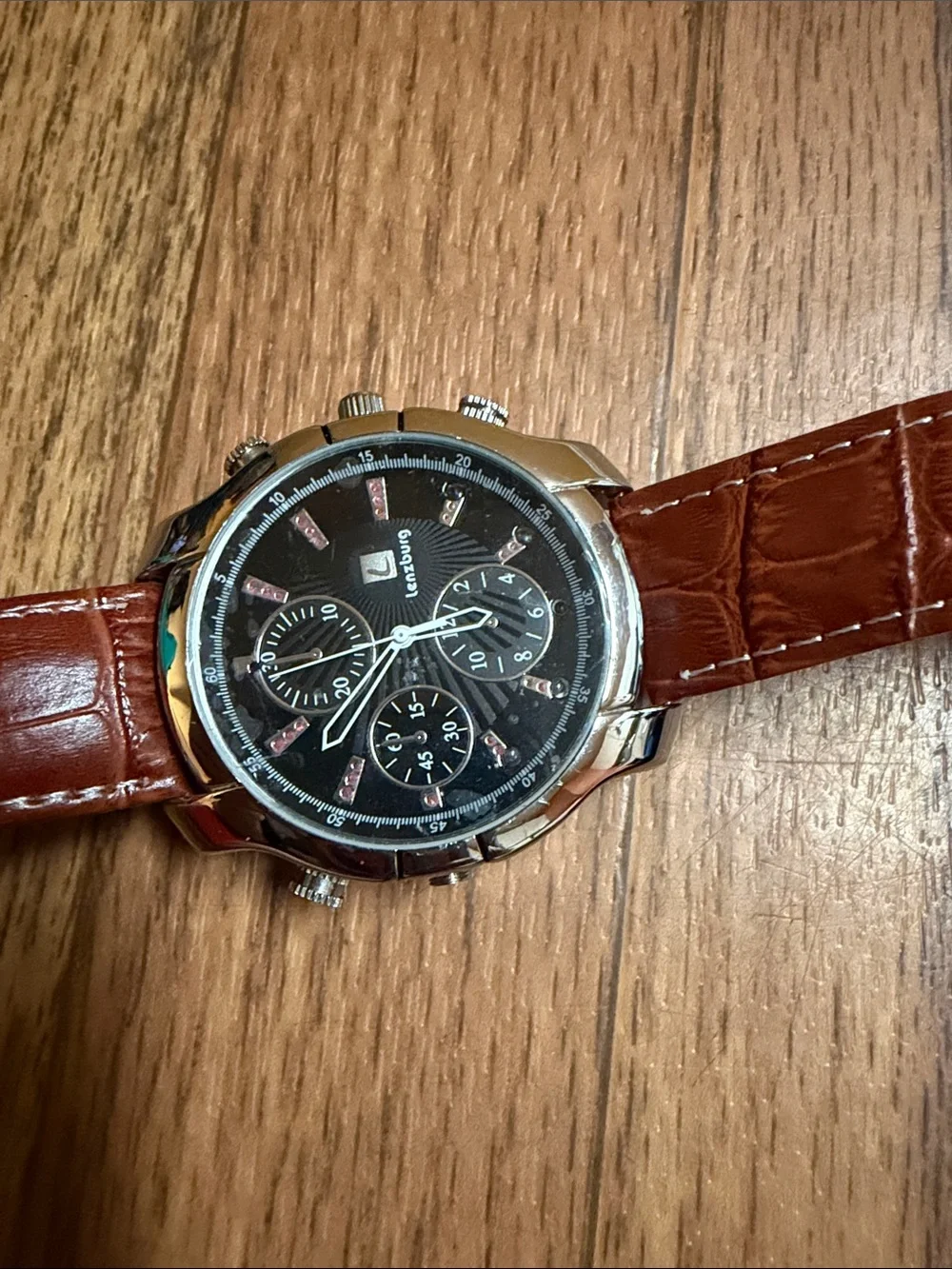 Men's Brown Leather Strap Watch with Black Dial
